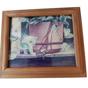 Gnome And Kitten Cat Art Print Signed Bryan S. Welborn Vintage 1987 Framed